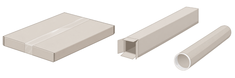 Flat cardboard packaging, long cardboard packaging, cardboard tube